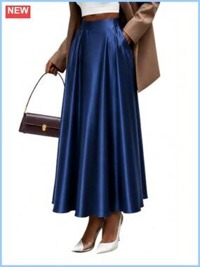 Womens Satin Maxi Skirt Flared A-Line High Waisted Long with Pockets